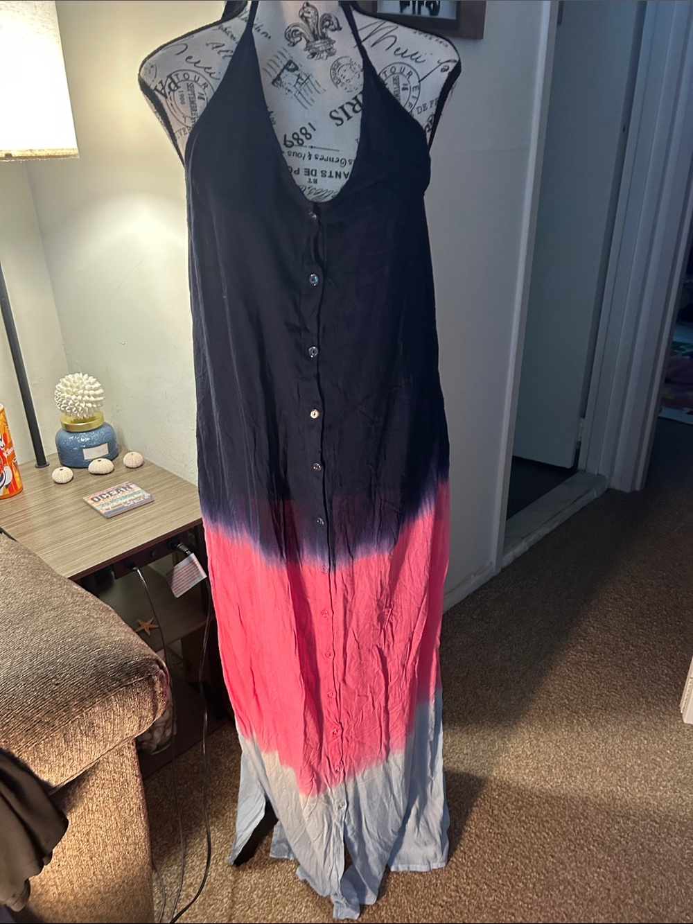 Raviya Halter Button-Front Ombre Maxi Dress in Black, Pink & Light Blue
